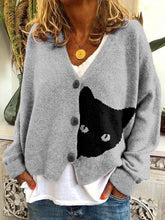 Load image into Gallery viewer, Black Cat Knit Art V Neck Cozy Button Cardigan