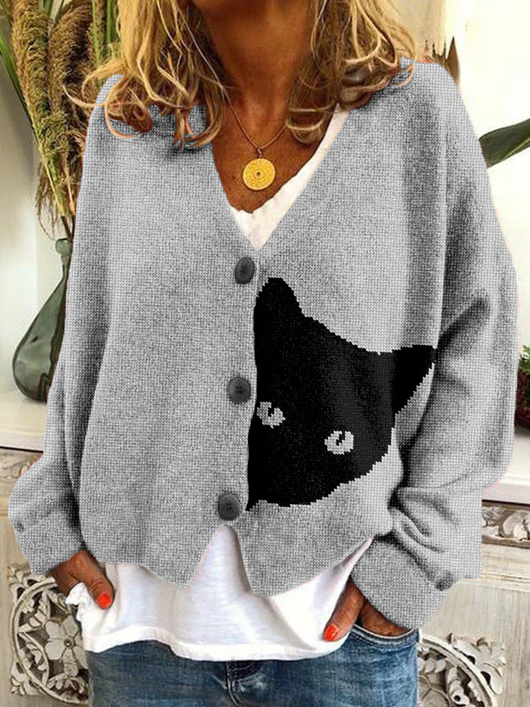 Black Cat Knit Art V Neck Cozy Button Cardigan