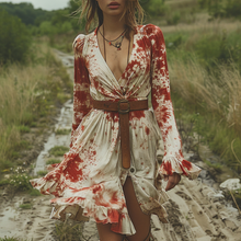 Load image into Gallery viewer, Women's Retro V-neck Tie Dye Pastoral Style Halloween Party Mini Short Dress