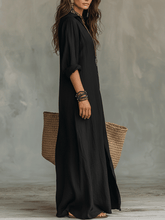 Load image into Gallery viewer, Black Button-Front Bohemian Shirt Maxi Dress