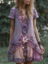 Load image into Gallery viewer, Women's Retro Purple Floral Stitching Casual Short Sleeve Dress