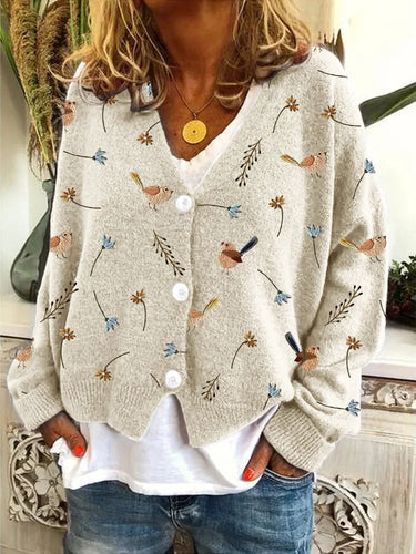 Women's Birds Floral Print Casual Cardigan