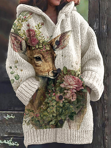 Elegant Deer Floral Art Cozy Knit Hooded Cardigan