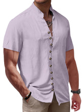 Load image into Gallery viewer, Men's Summer Retro Solid Color Stand Collar Button-Down Short Sleeve Shirt