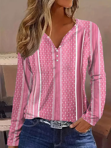 Women's Long Sleeve V Neck  Elegant Fashion Striped Print T shirt