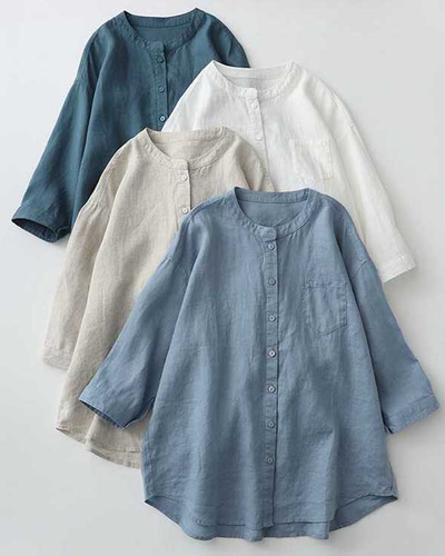 Casual Linen Stand Collar Three-quarter Sleeve Loose Shirt