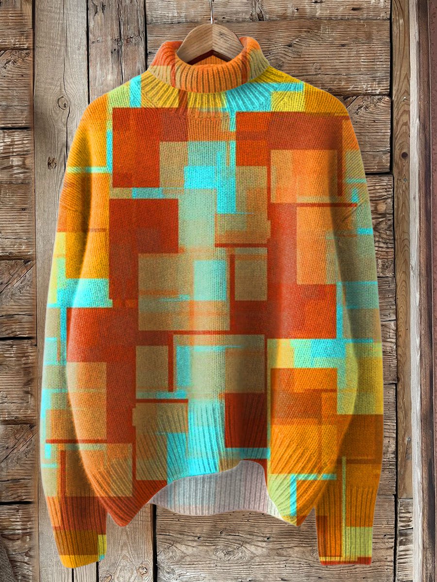 Retro Geometric Pattern Art Print Knit Turtleneck Pullover Sweater