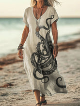 Load image into Gallery viewer, Women's Octopus Art Print Linen Blend Vintage Dress