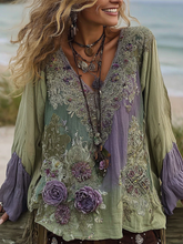 Load image into Gallery viewer, Vintage Purple Lavender And Floral Embroidered Linen V Neck Long Sleeve Shirt