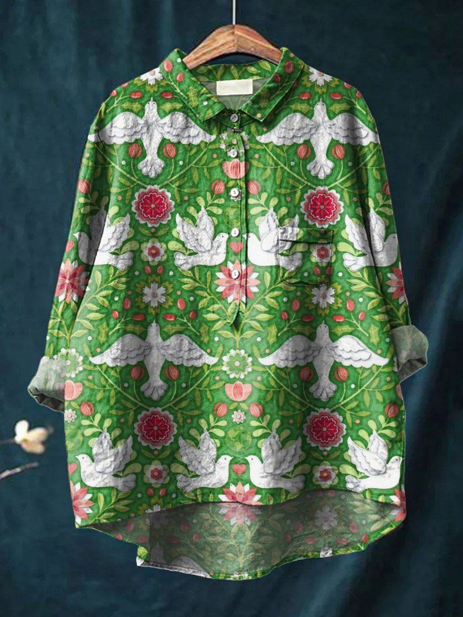 Vintage Lovely Floral Peace Dove Art Print Casual Cotton And Linen Shirt