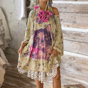 Flora Cat Art Cotton Blend Midi Dress