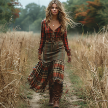 Load image into Gallery viewer, Women's Retro V-neck Plaid Long-sleeve Bohemian Pastoral Style Maxi Long Dress