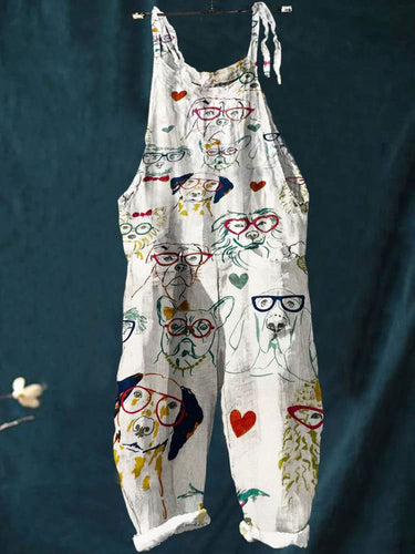 Women's   Dog  Art  Print Casual 100% Cotton Wide Leg Jumpsuit