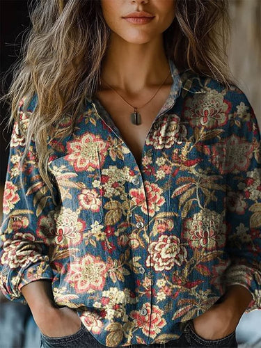 Women's Vintage Floral Art Print Long-sleeve Casual Shirt main image 0