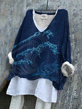 Load image into Gallery viewer, Turtle And Ocean Art Linen V-neck Shirt