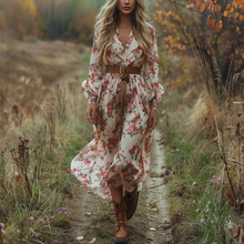 Load image into Gallery viewer, Women's Retro V-neck Floral Long-sleeve Bohemian Pastoral Style Maxi Long Dress