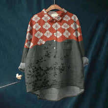 Load image into Gallery viewer, Japanese Art Flower Print Lapel Loose Linen Blend Shirt