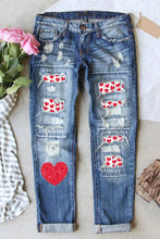 Load image into Gallery viewer, Valentine's Day Love Heart Print Ripped Denim Jeans