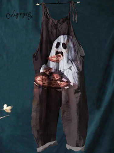 Women's   Halloween   Ghost Pizza  Art  Print Casual 100% Cotton Wide Leg Jumpsuit