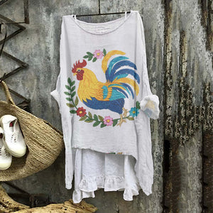 Cute Farm Rooster Floral Chicken Art Linen Blend Flowy Tunic