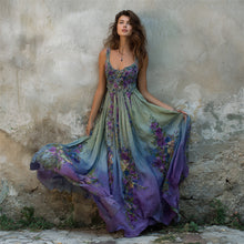 Load image into Gallery viewer, Vintage Floral Embroidered Purple Gradient Flowy Linen Maxi Dress