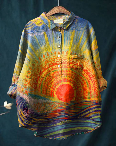 Vintage Art Print Hippie Casual Cotton and Linen Shirt