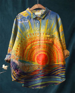 Vintage Art Print Hippie Casual Cotton and Linen Shirt