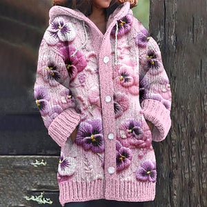 Pansy Flower Embroidery Pattern Cozy Hooded Cardigan