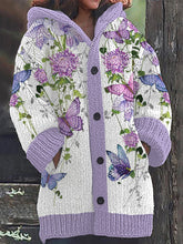Load image into Gallery viewer, Purple Floral Butterfly Pattern Cozy Knit Hooded Cardigan