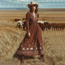 Load image into Gallery viewer, Women's Vintage Western Horse Art Print V-neck Maxi Dress