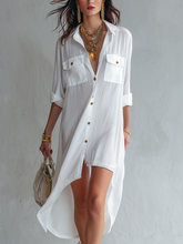 Load image into Gallery viewer, Casual White Front Buttoned Shirt Dress With A High Low Hem