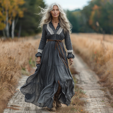 Load image into Gallery viewer, Women's Vintage Pastoral Style V-neck Linen Long-sleeve Maxi Long Dress