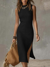 Load image into Gallery viewer, Stand-collar Split-hem Cotton And Linen Midi Dress