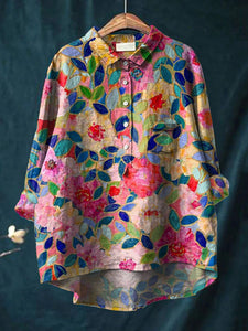 Women's  Flower Print Casual Cotton And Linen Shirt