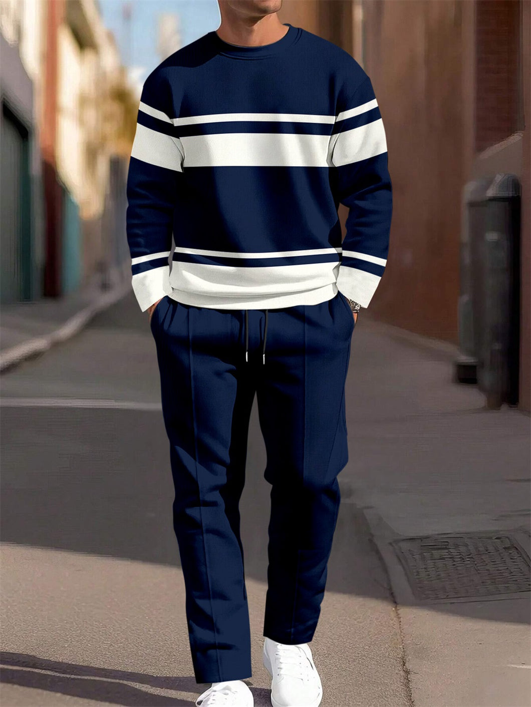 Men's Navy Blue Simple Round Neck Casual Sports Set 044