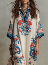 Load image into Gallery viewer, Bohemian Floral Paisley Kaftan Midi Dress In Ivory Blue