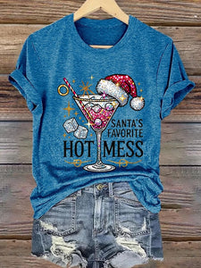 Women's Christmas Santa's Favorite Hot Mess Printed Crew Neck T-Shirt