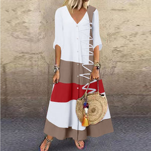 V-neck Short Sleeve Printed Long Dress