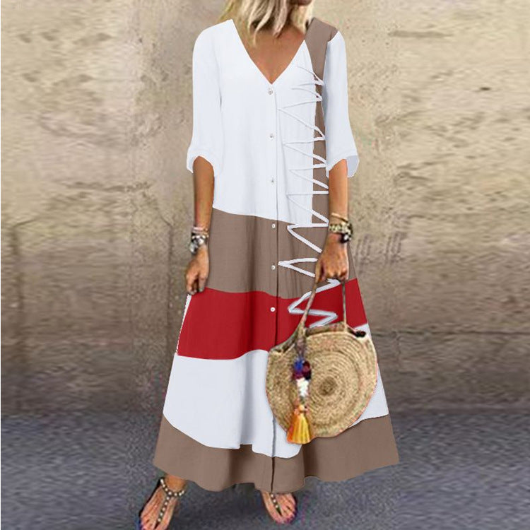 V-neck Short Sleeve Printed Long Dress