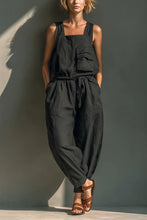 Load image into Gallery viewer, Women's Black Cotton Blend Sleeveless Jumpsuit With Square Neck &amp; Utility Pocket Detail