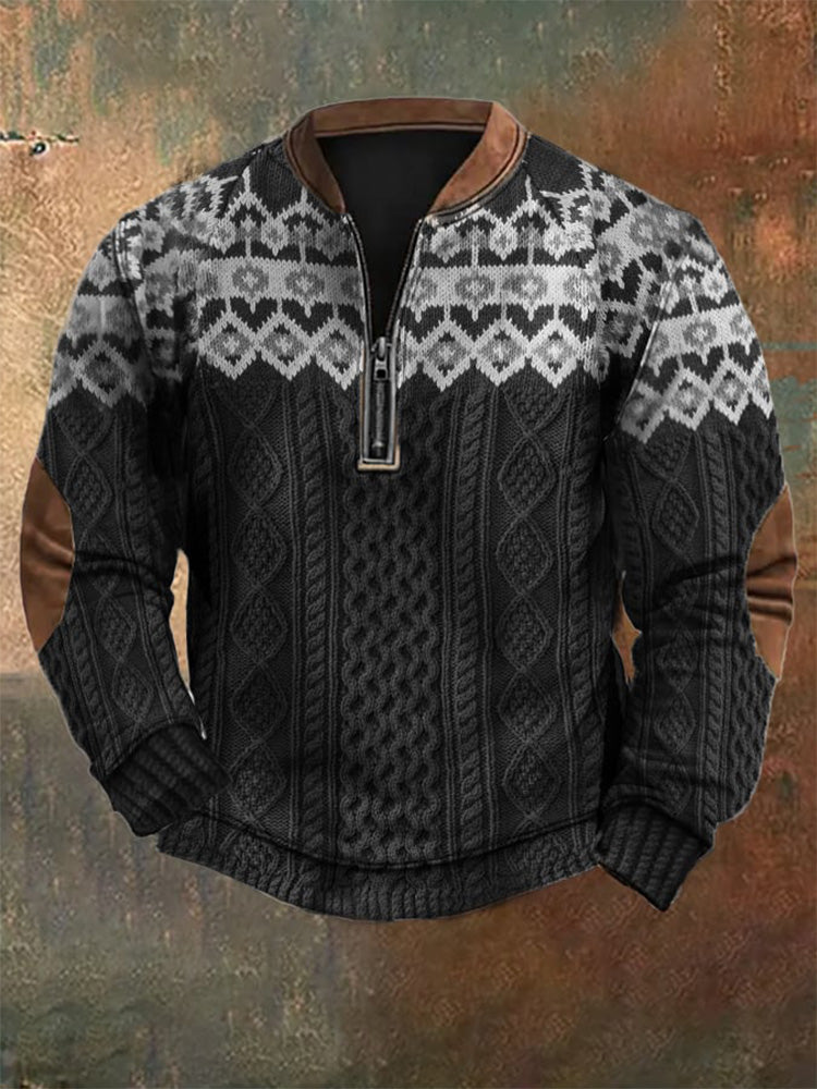 Men's Vintage Knit Print Zip-Up Sweatshirt