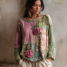 Load image into Gallery viewer, Vintage Pink Roses Embroidered Patchwork Linen Shirt