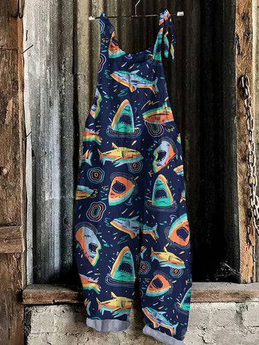 Women's Vintage Shark Graphic Painting Art Loose Jumpsuit