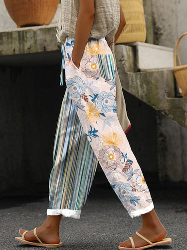 Women's Vintage Floral Stripes Print Casual Pants