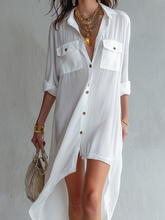 Load image into Gallery viewer, Casual White Front Buttoned Shirt Dress With A High Low Hem