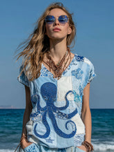 Load image into Gallery viewer, Women's Retro Japanese Octopus Art Stitching Casual Linen T-shirt