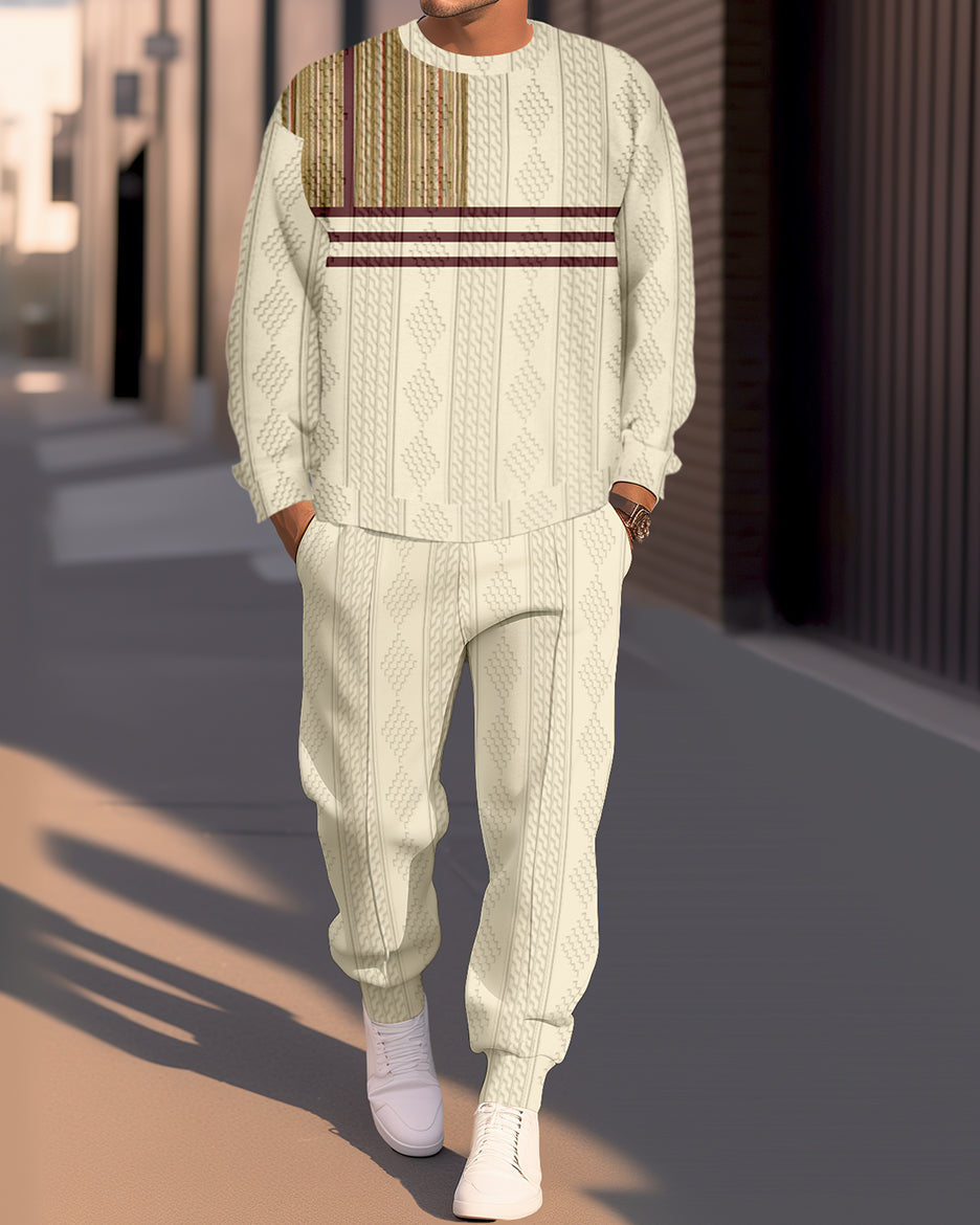 Men's Textured Jacquard Round Neck Casual Sports Set  018
