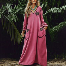 Load image into Gallery viewer, Women&#39;s Vintage Contrast Pocket Long Sleeve Linen Maxi Dress