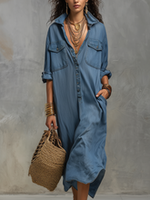 Load image into Gallery viewer, Casual Bohemian Style Washed Blue Shirt Dress