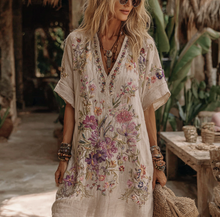 Load image into Gallery viewer, Women's Floral Embroidery Art V Neck Comfy Midi Dress